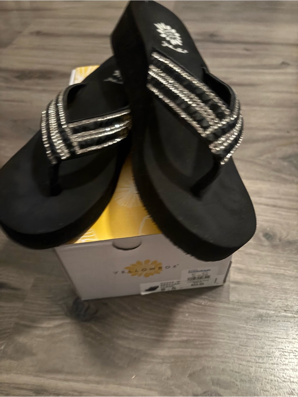 Yellow Box “Valence” Black Rhinestone Wedge Flip Flops - Women